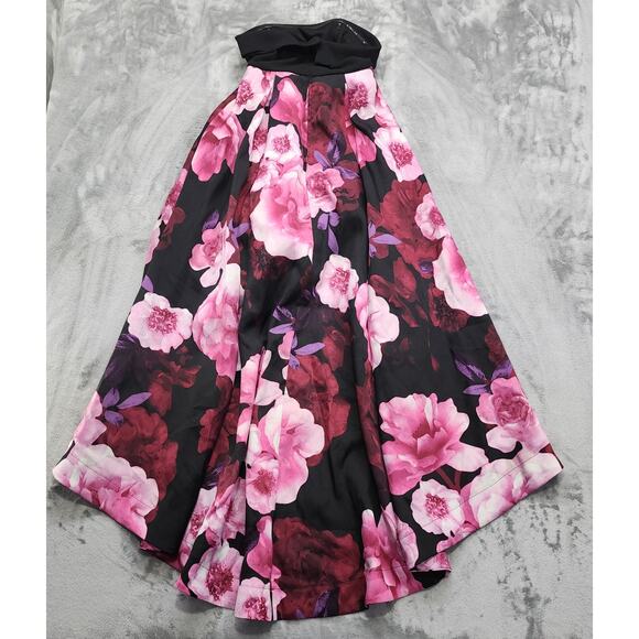 Speechless Dress Womens 3 Juniors Black Pink Floral Strapless High Low Pockets - Picture 2 of 7